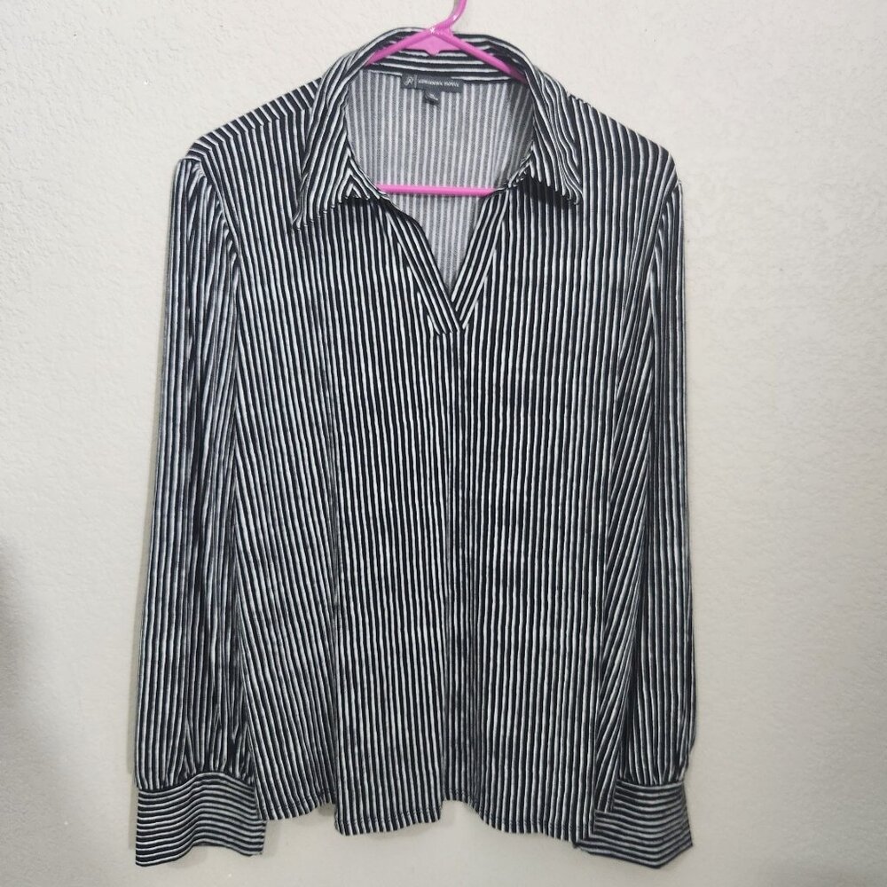 Adrianna Papel Blouse Womens Size Xl Long-Sleeve Black White Striped Business